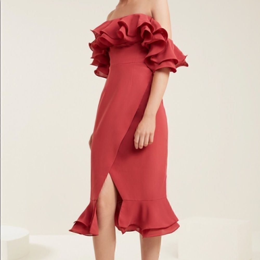 NEW C/MEO COLLECTIVE IMMERSE RUFFLE OFF SHOULDER MIDI DRESS